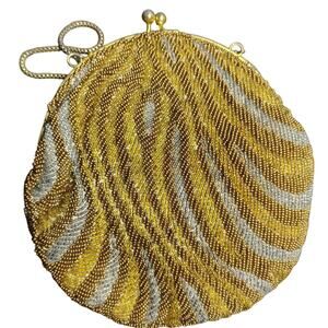 Vintage Beaded Round Evening Bag Handbag Short Gold Tone Metal Round Link Strap